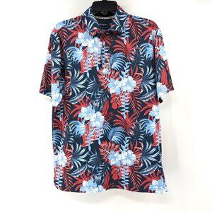 WALTER HAGEN 11 Polo Men's S Blue Golf Hawaiian Floral Print Button Short Sleeve